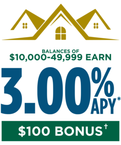 Balances of $10,000-49,999 earn 3.00% apy* and a $100 bonus†