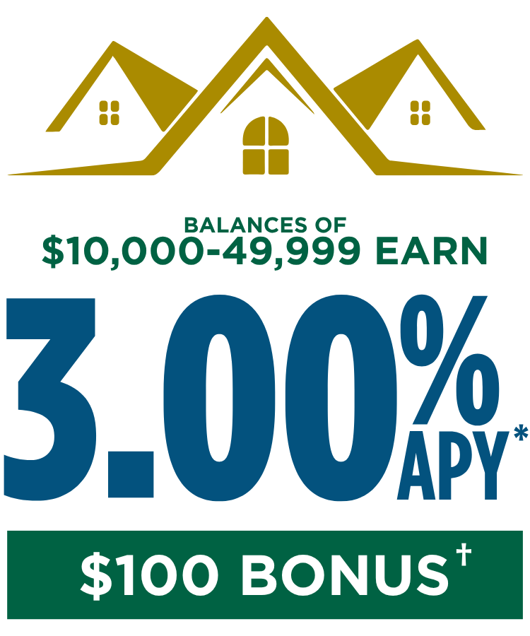 Balances of $10,000-49,999 earn 3.00% apy* and a $100 bonus†
